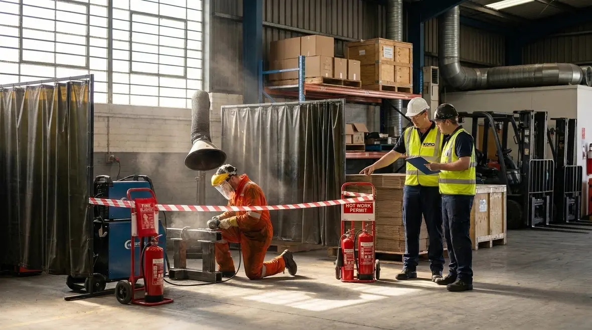 Site manager reviewing hot work permit fire code requirements in plant area