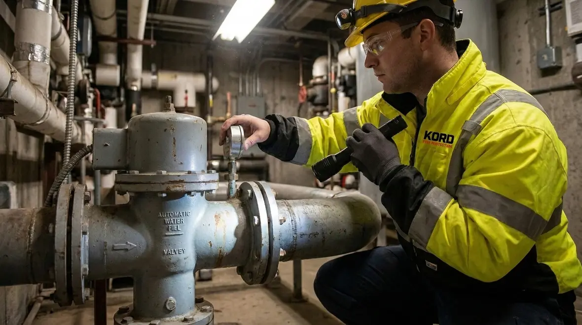 Automatic tank fill valve inspection on a fire protection water storage tank