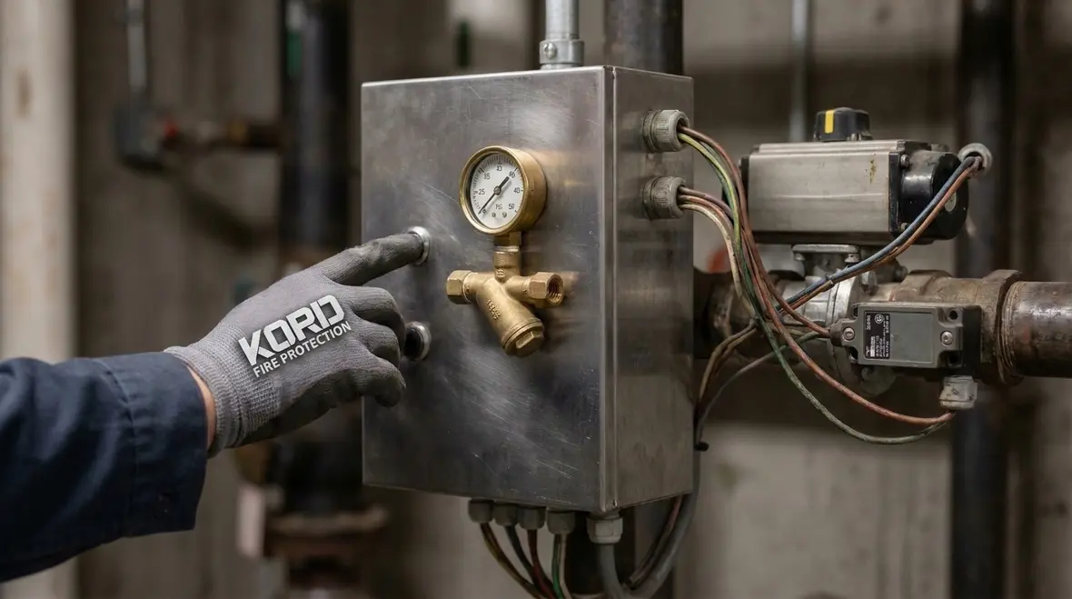Technician checking fire protection fill valve condition and controls