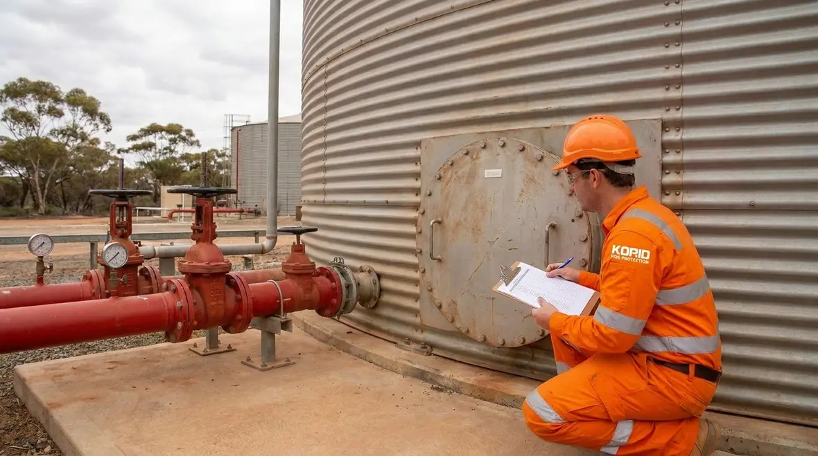 Technician reviewing fire protection water storage tank components during NFPA 25 inspection