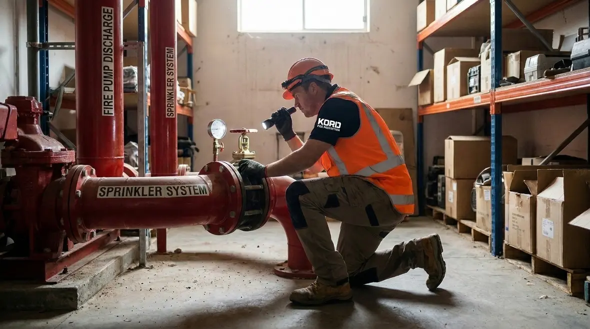 Technician inspecting fire pump discharge piping and controls