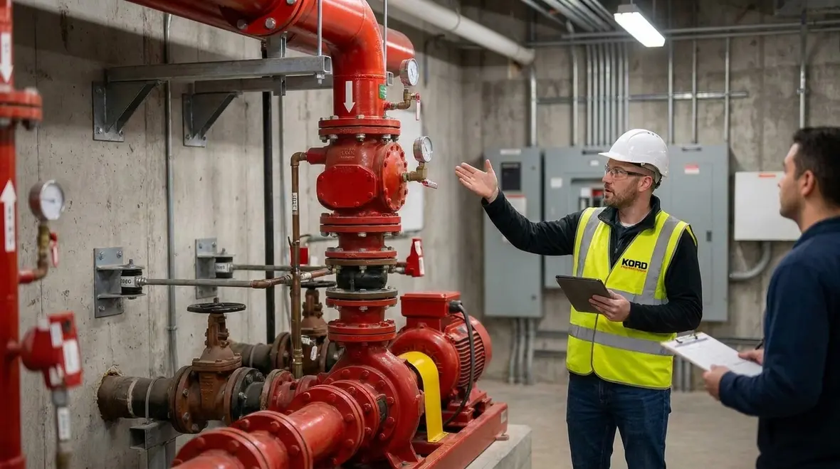 Fire pump discharge outlet arrangement and piping layout