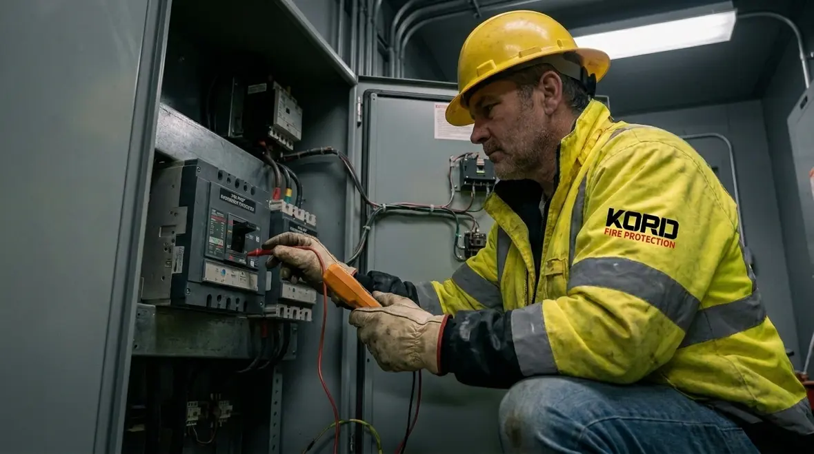 Technician reviewing fire pump disconnect and overcurrent coordination