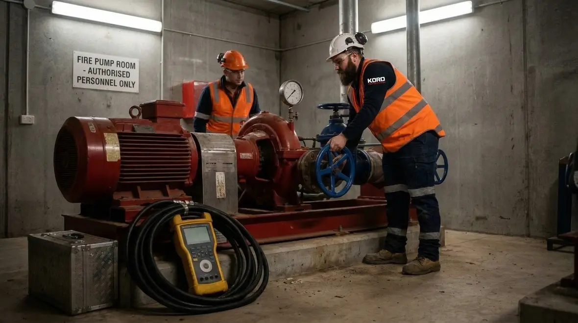 Technician performing NFPA 20 fire pump flow testing