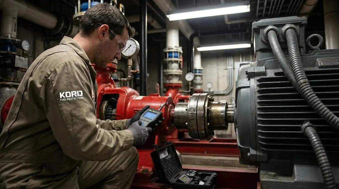 Technician checking fire pump coupling alignment