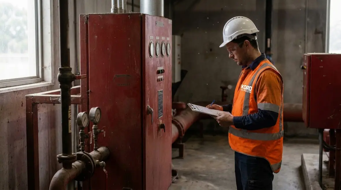 Facility team reviewing a fire pump inspection checklist under NFPA 25 section 8.2