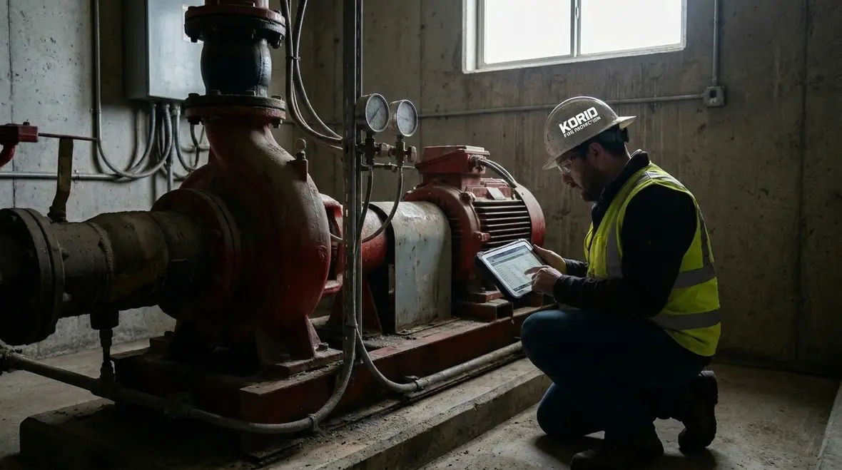 Technician reviewing fire pump start sequence and switching controls