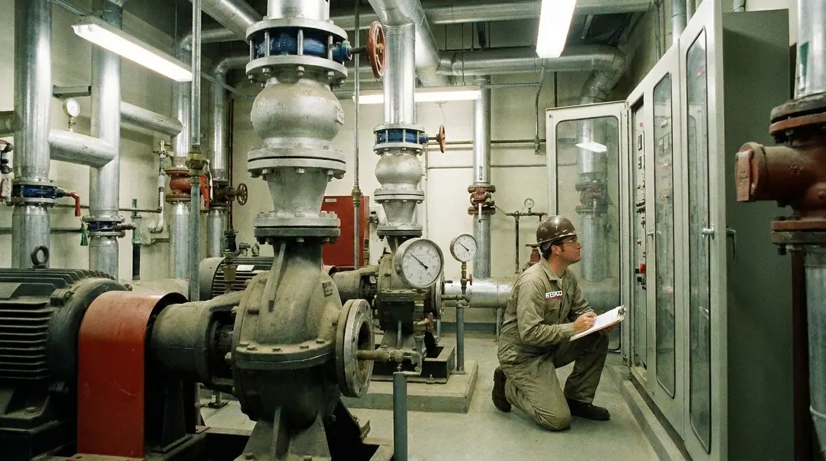 Technician reviewing fire pump rated condition performance requirements