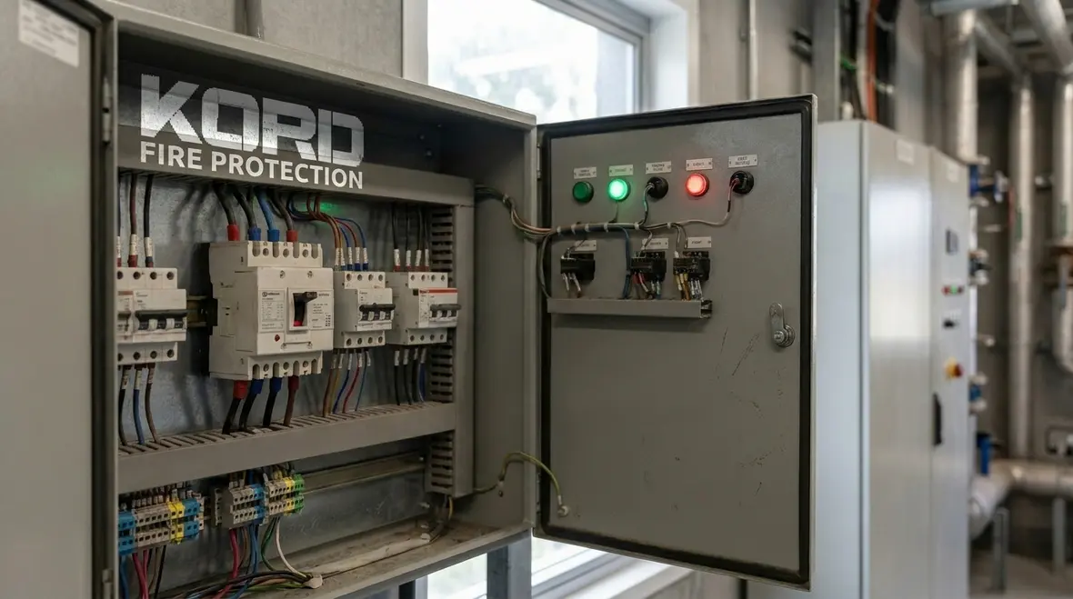 Technician reviewing fire pump transfer switch controls