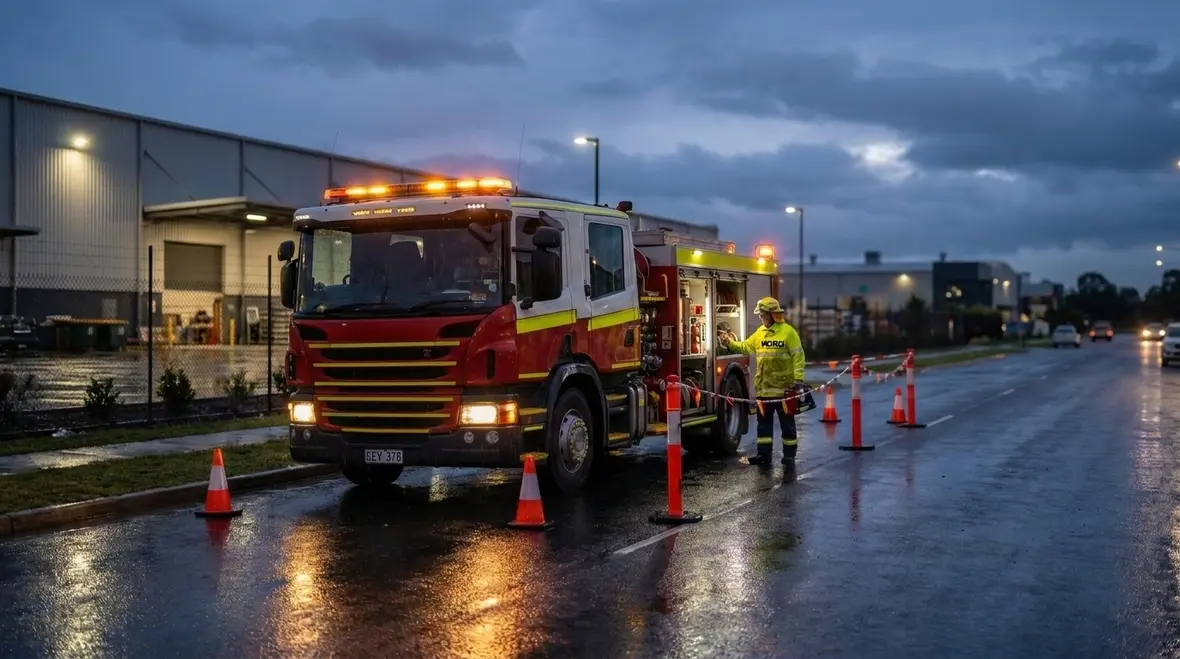Warning lights and traffic control equipment on a fire apparatus scene