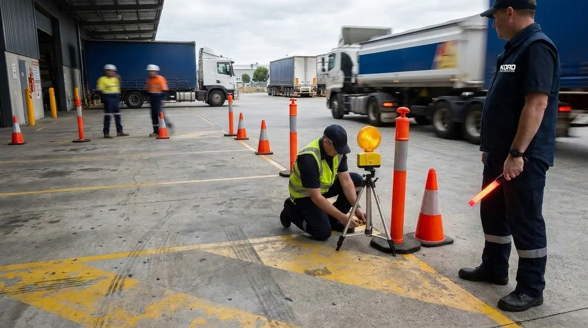Traffic cones and high visibility scene equipment deployed near a fire response area