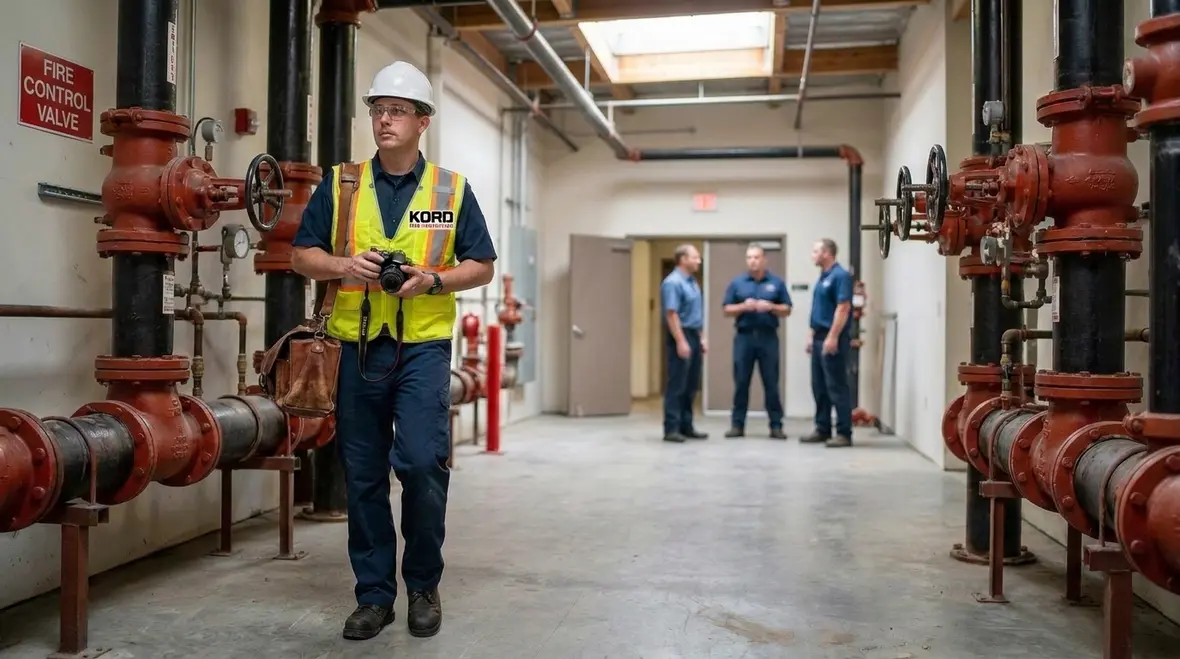 Fire protection technician documenting valve inspection findings and deficiencies