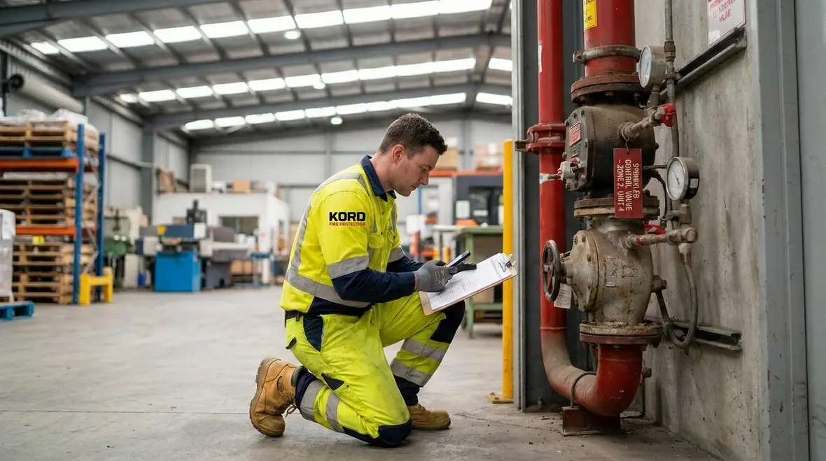 Technician reviewing fire sprinkler control valve position and access during inspection