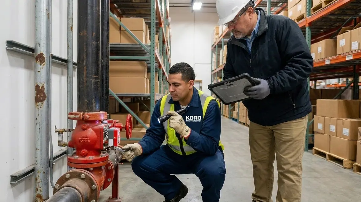 Detailed fire sprinkler control valve assembly inspection with signage and trim components