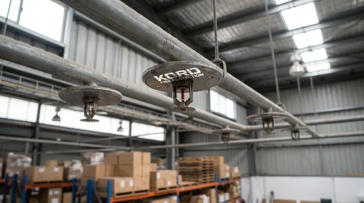 Technician reviewing fire sprinkler maintenance deficiencies during inspection