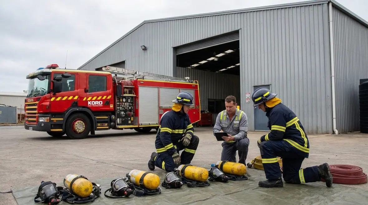 Technician inspecting fire truck breathing air compressor components and hoses