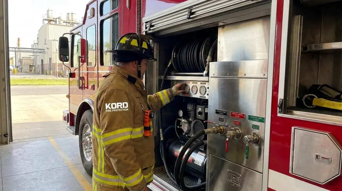 Fire truck breathing air compressor system on apparatus meeting NFPA 1900 requirements