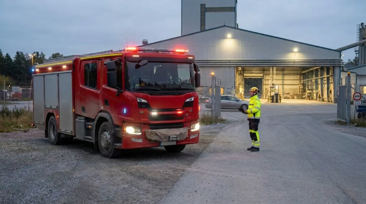 Fire apparatus optical warning lights visible from the front