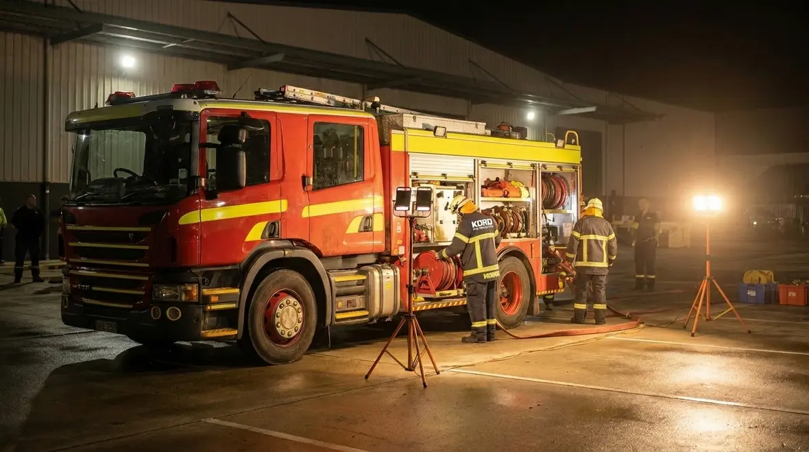 Fire apparatus scene lighting covering an emergency work zone at night