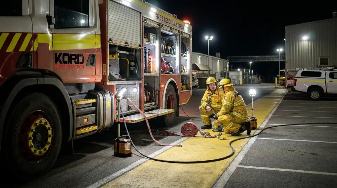Fire apparatus work lighting illuminating a nighttime response area