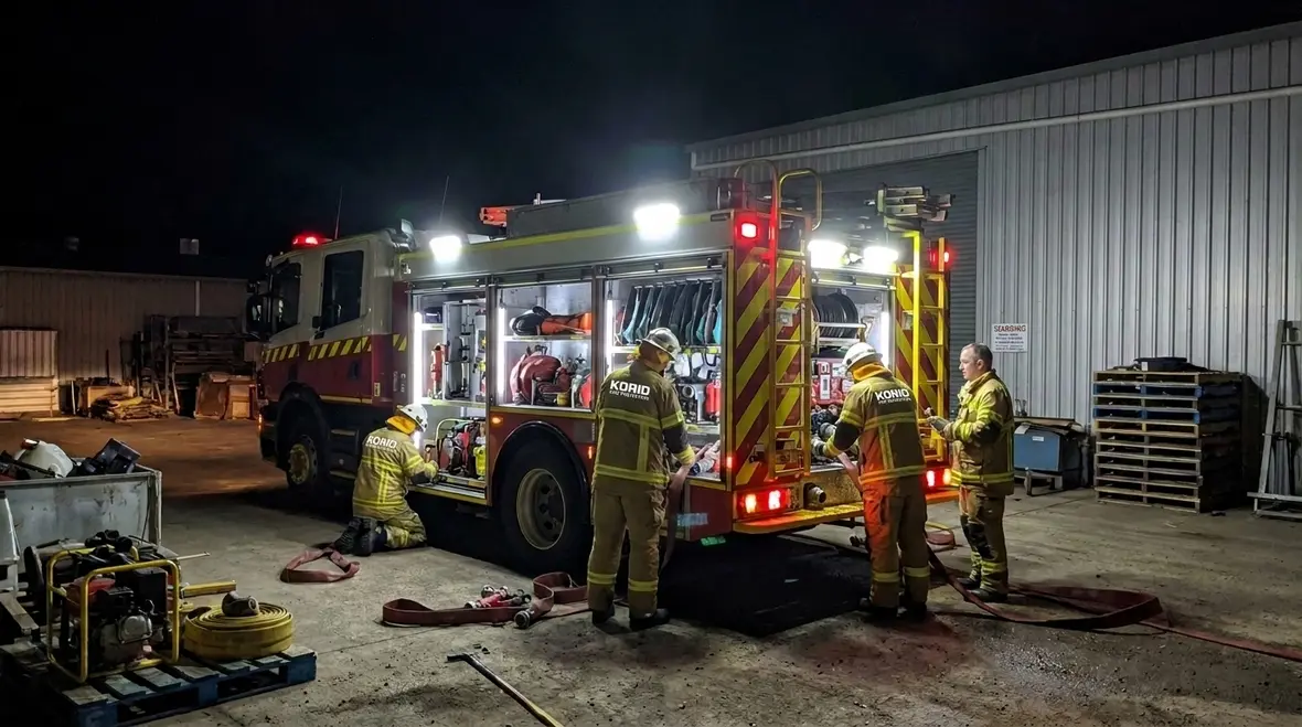 Fire truck work lights on a fire apparatus at night