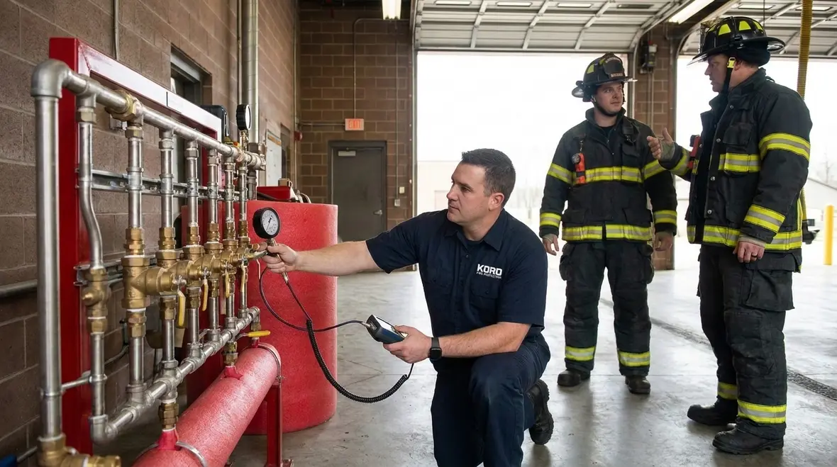 Technician reviewing foam proportioning controls and apparatus plumbing for reliable system performance