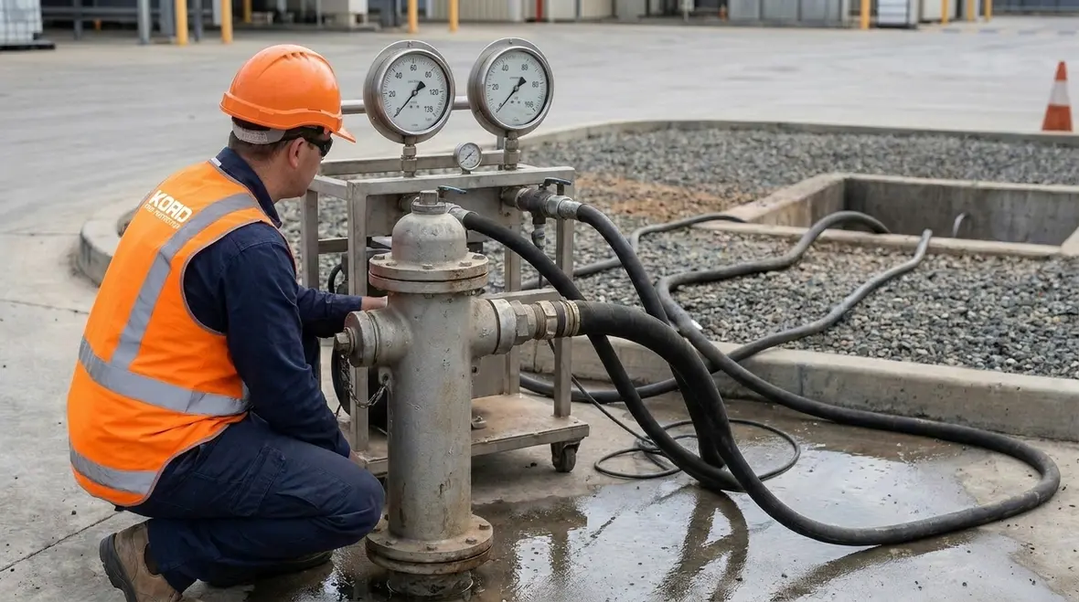 Technician measuring hydrant discharge flow rate with gauges