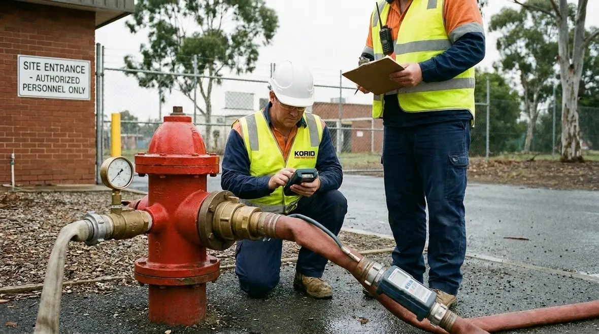 Technician performing hydrant discharge without pitot test at commercial site