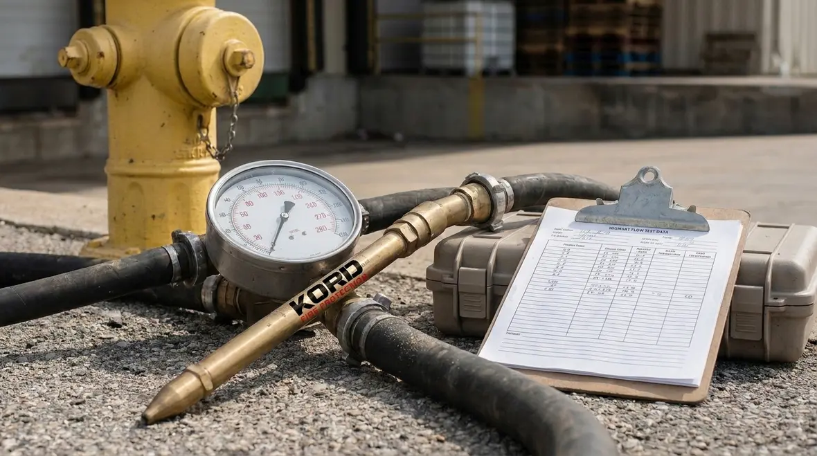 Hydrant flow test form with gauges, nozzle size, and site notes