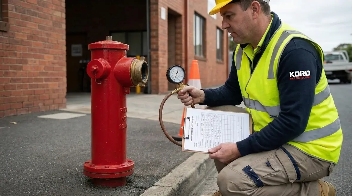 Technician reviewing hydrant flow test data sheet and pressure readings
