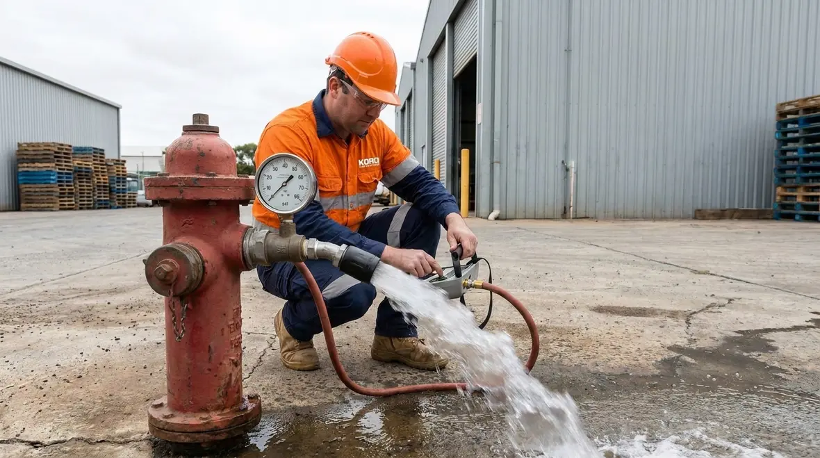 Technician preparing equipment for a hydrant flow test at a commercial site
