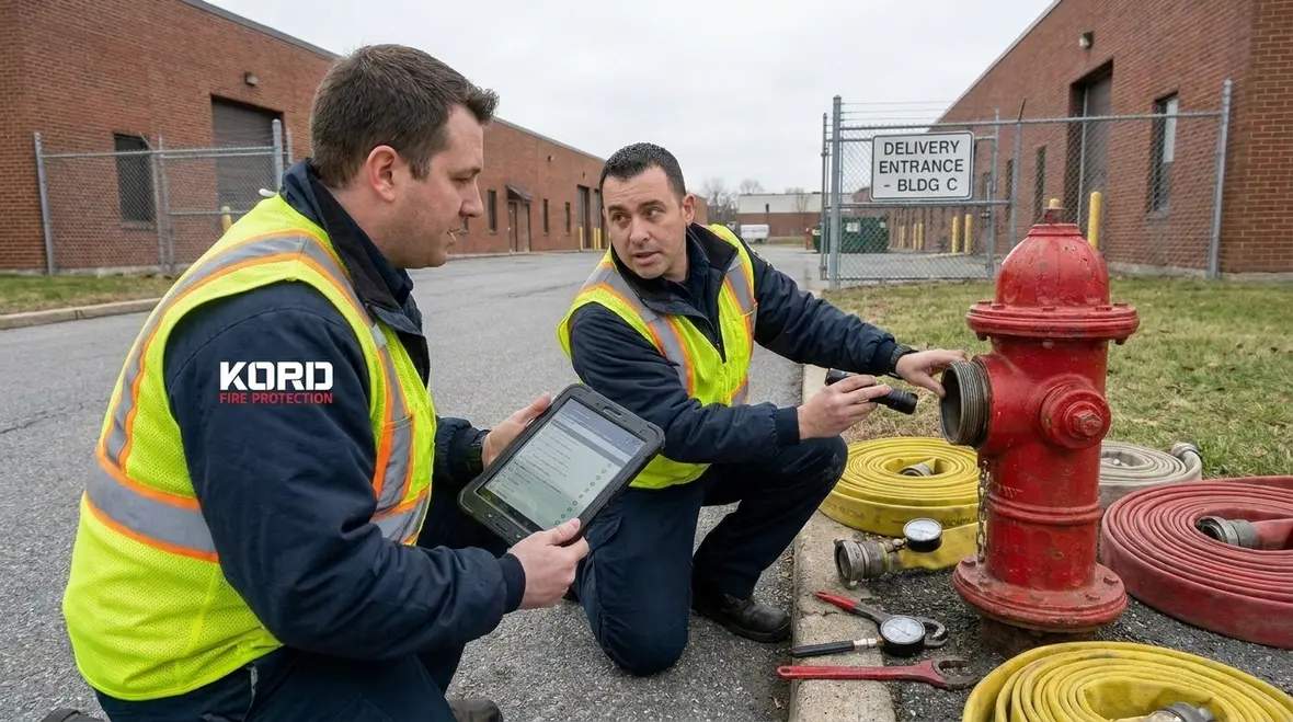 Hydrant flow test in progress with pressure readings being recorded