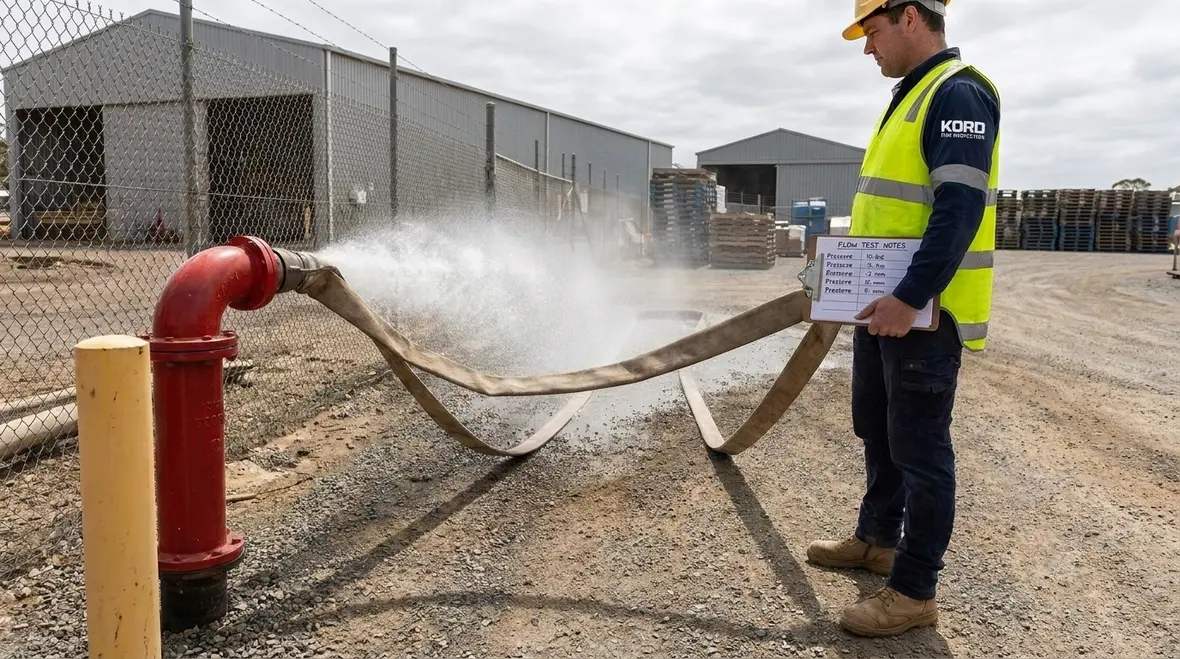 Technician reviewing hydrant flow test results on site