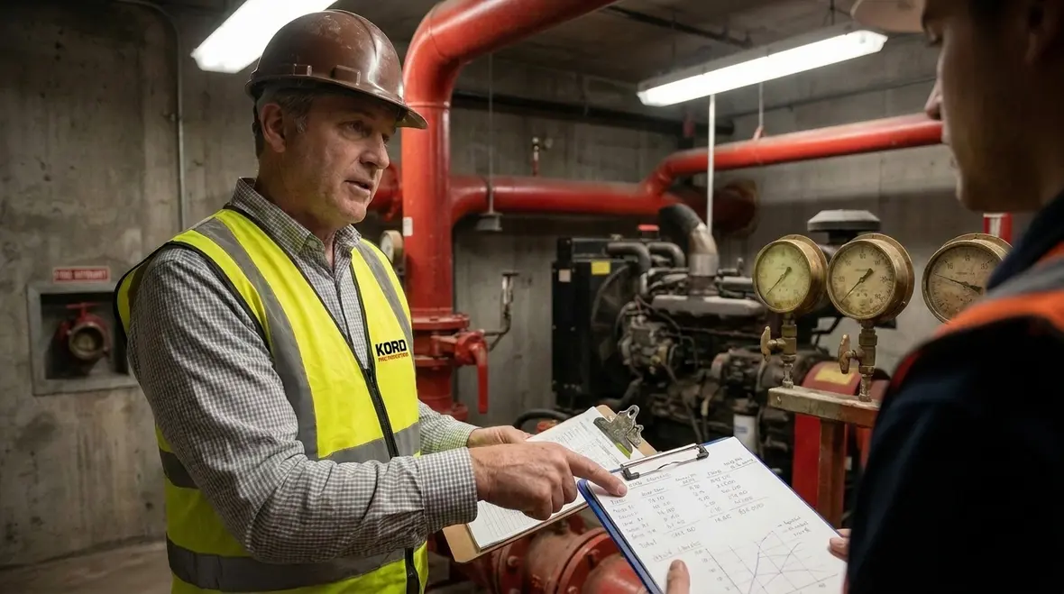 Site manager interpreting hydrant flow test report with fire protection plans