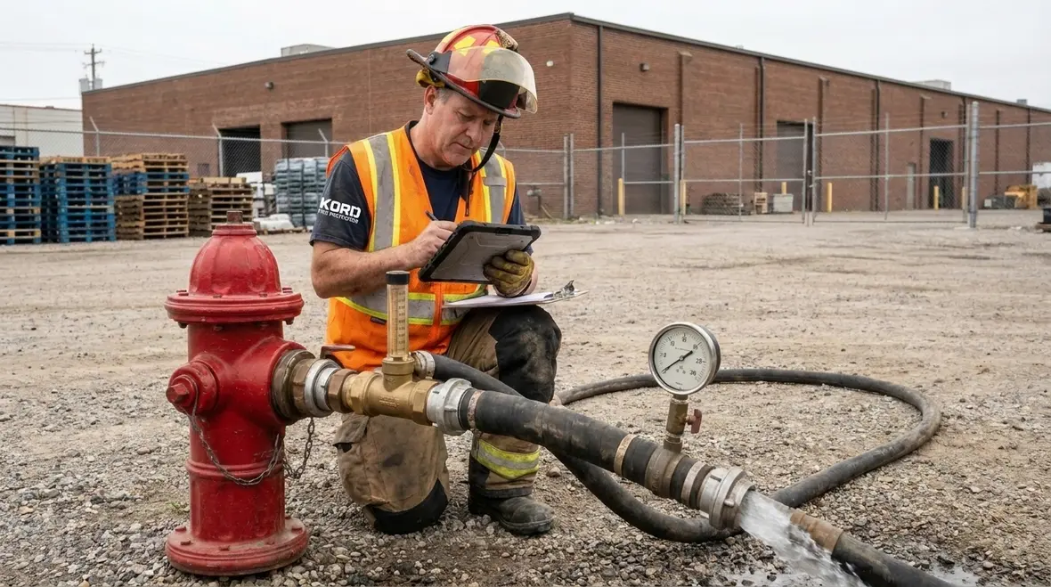 Technician preparing hydrant flow testing equipment on site