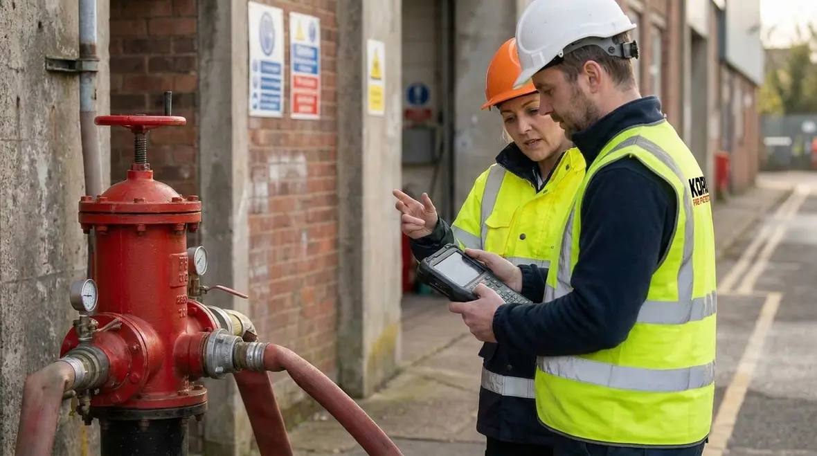 Crew performing controlled hydrant flow test with pressure measurement tools