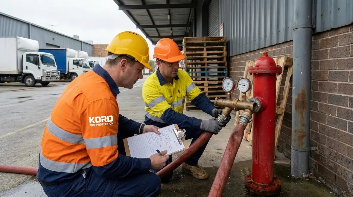 Technician reviewing hydrant flow testing reference tables during site water supply testing