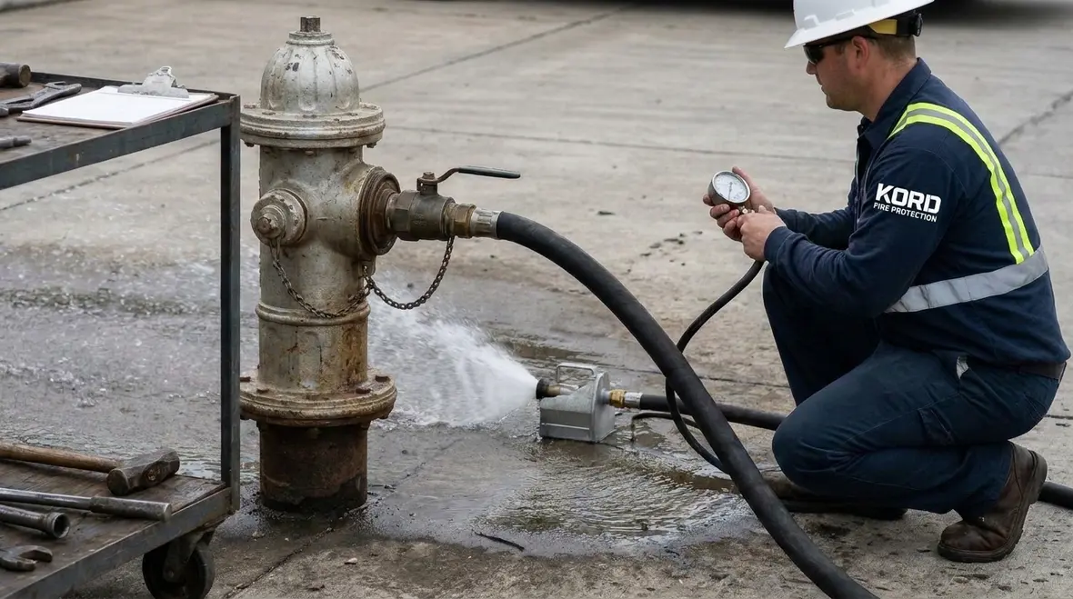 Fire hydrant flow test setup showing pressure measurement equipment on site