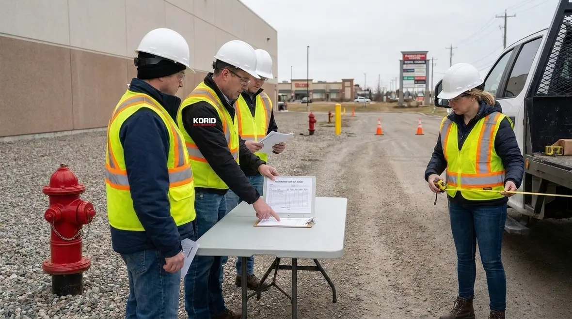 Commercial site hydrant testing in progress with hoses and gauges connected