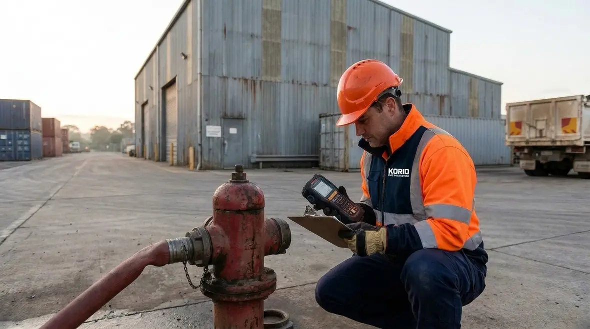 Technician reviewing fire hydrant rating pressure test results under NFPA 291 Section 4.2
