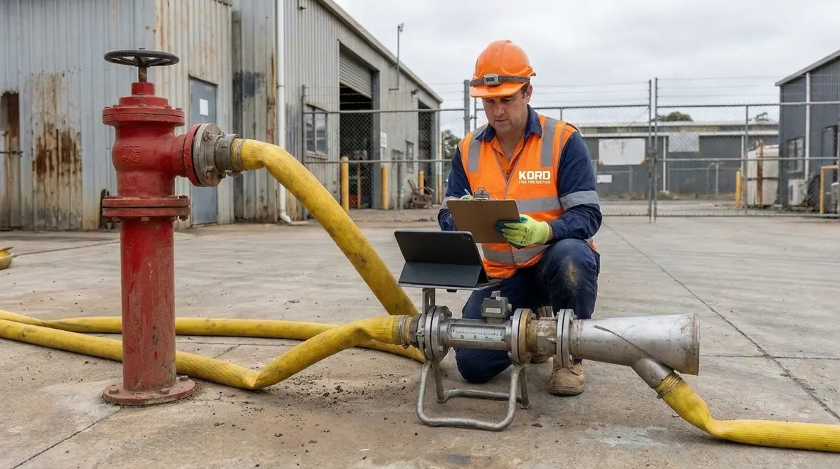 Technician reviewing hydrant system corrections after flow testing