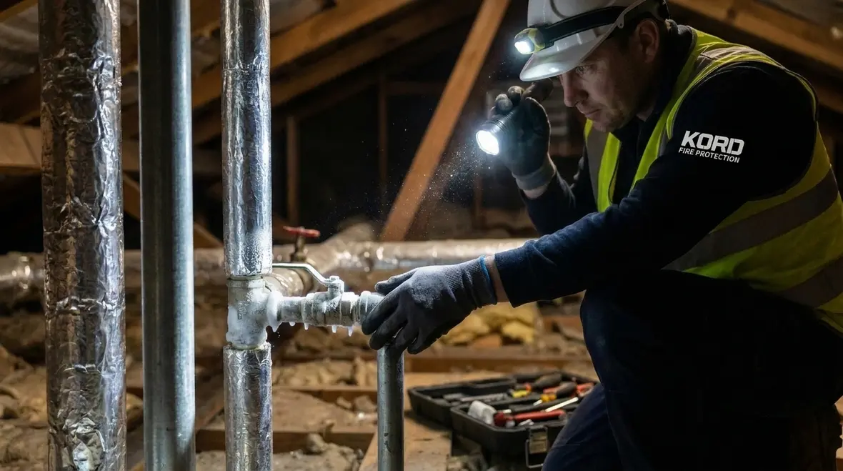 Frozen fire sprinkler pipe inspection point in a commercial facility