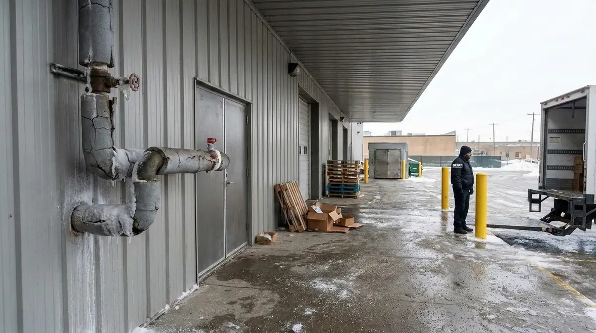 Technician checking fire sprinkler pipe for ice obstruction risk