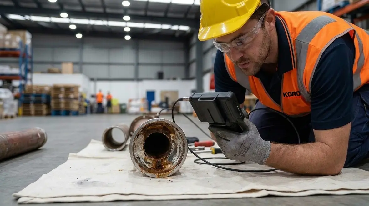 Technician preparing for internal sprinkler pipe inspection