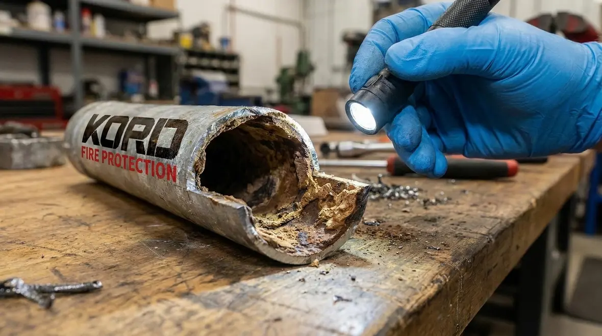 Interior sprinkler pipe corrosion and blockage inspection view
