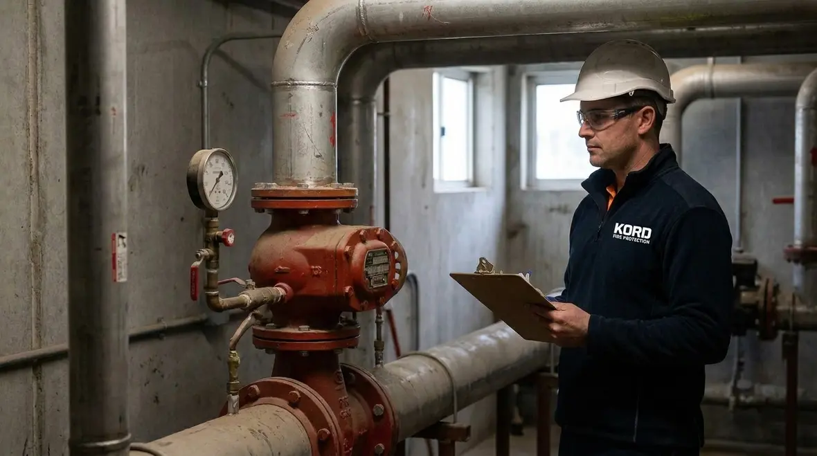 Technician reviewing legacy antifreeze fire sprinkler system records
