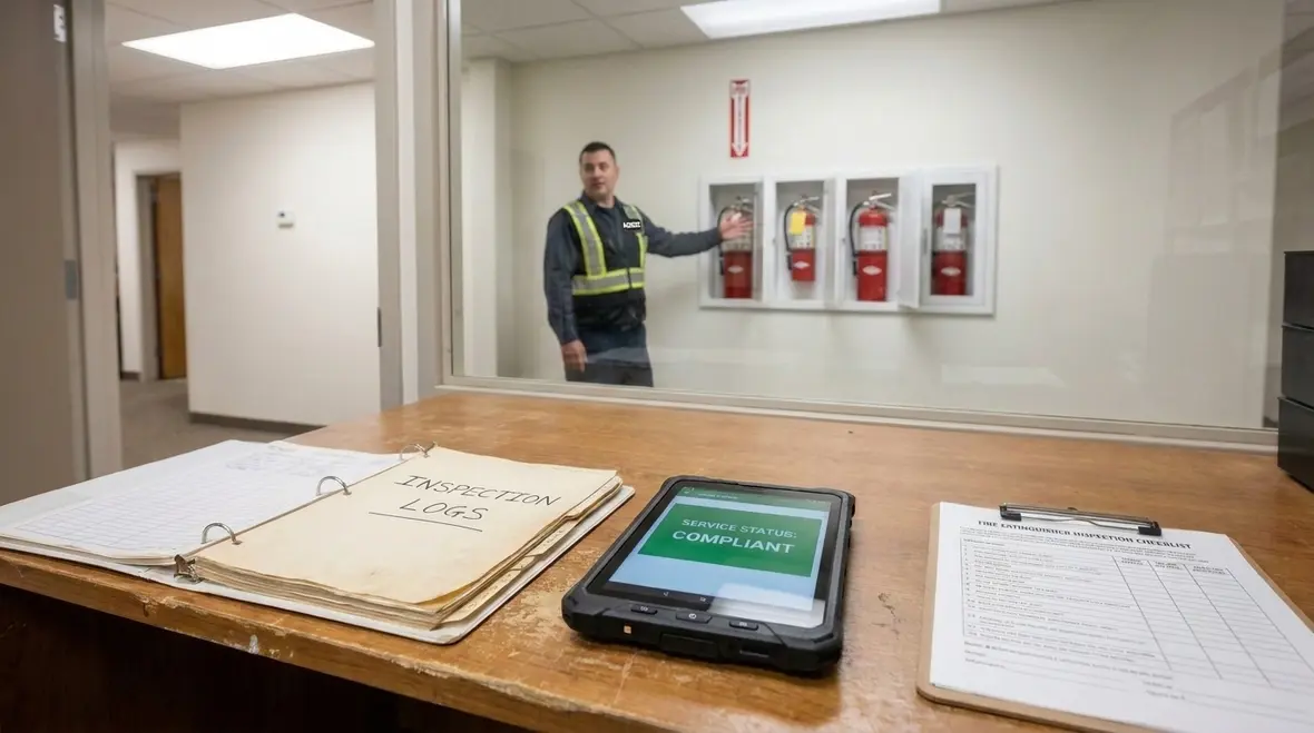 Fire extinguisher opened for internal maintenance and component checks