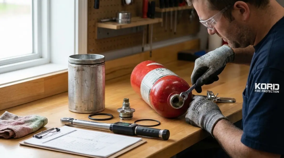 Close up of fire extinguisher tag and pressure gauge during inspection