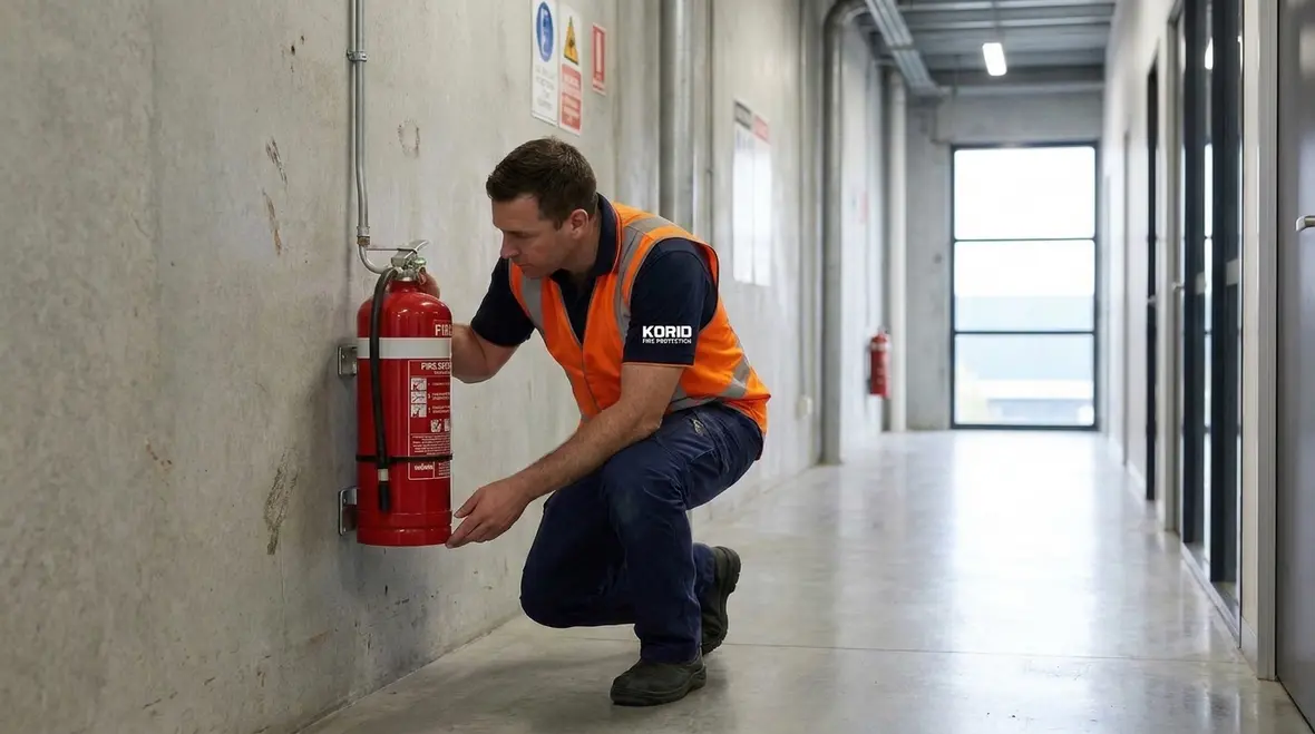 Technician performing annual fire extinguisher inspection