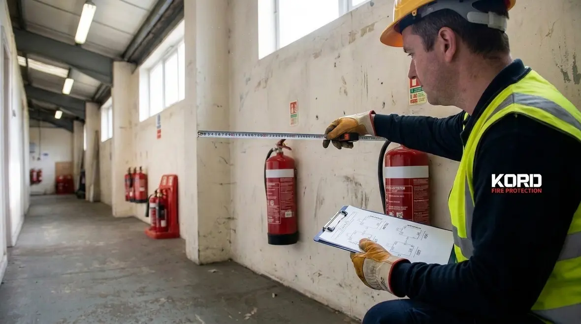 site team reviewing fire extinguisher measurements and documentation